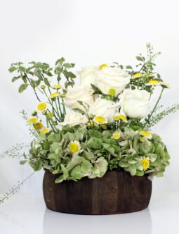 Wooden Base with Hydrangeas & White Roses