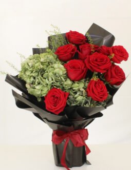 Red Rose & Green Hydrangea Bouquet