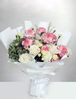 White Rose, Green Hydrangea & Pink Carnation Bouquet